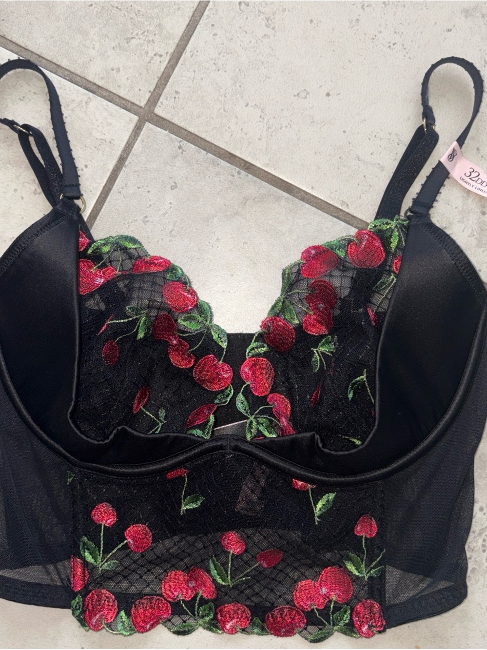Black Lace Longline Bra with Red Cherry Embroidery
